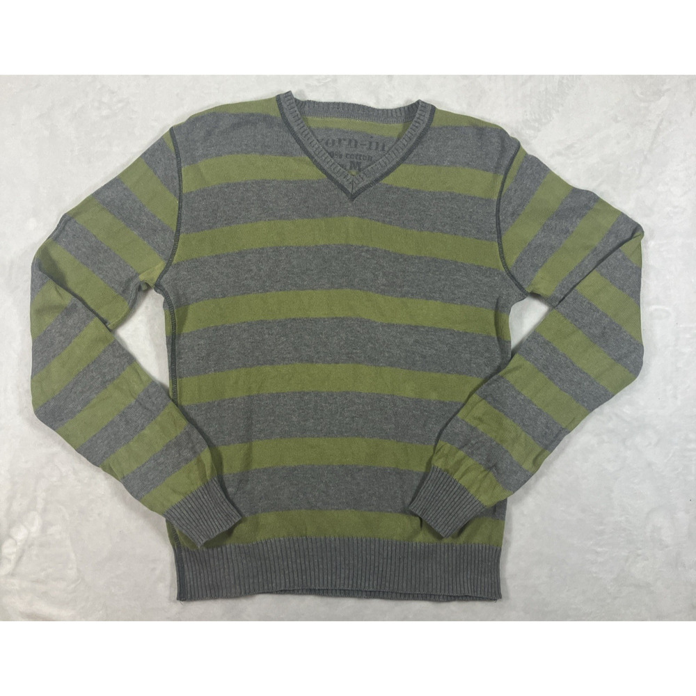 Womens Long Sleeve Sweater Green Gray Preppy V-Neck Size Medium 100% Cotton Y2K